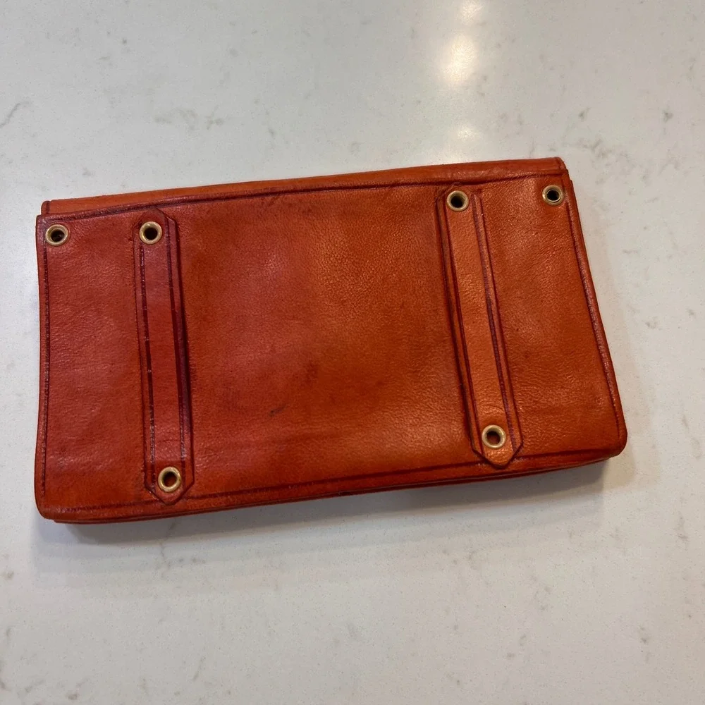 Vintage Burnt Orange Leather Envelope Clutch Triple Snap Hand Made Wallet